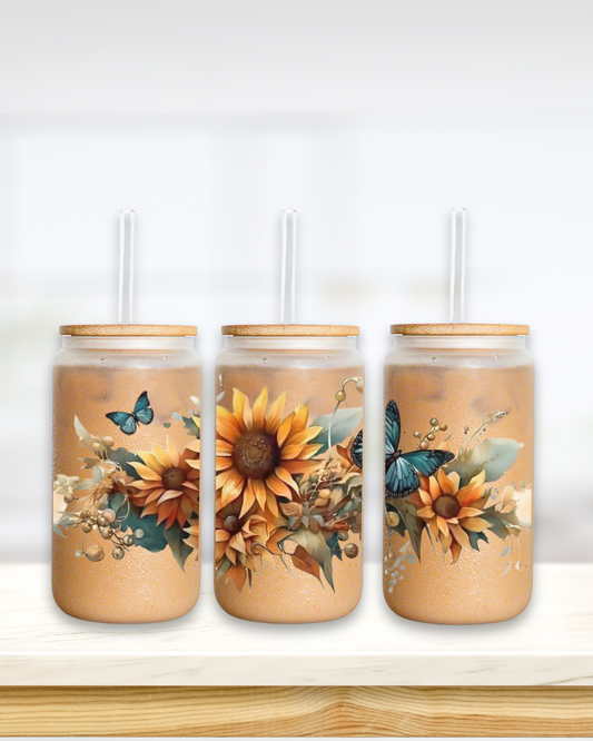 Antique Sunflowers with Butterflies Glass Tumbler