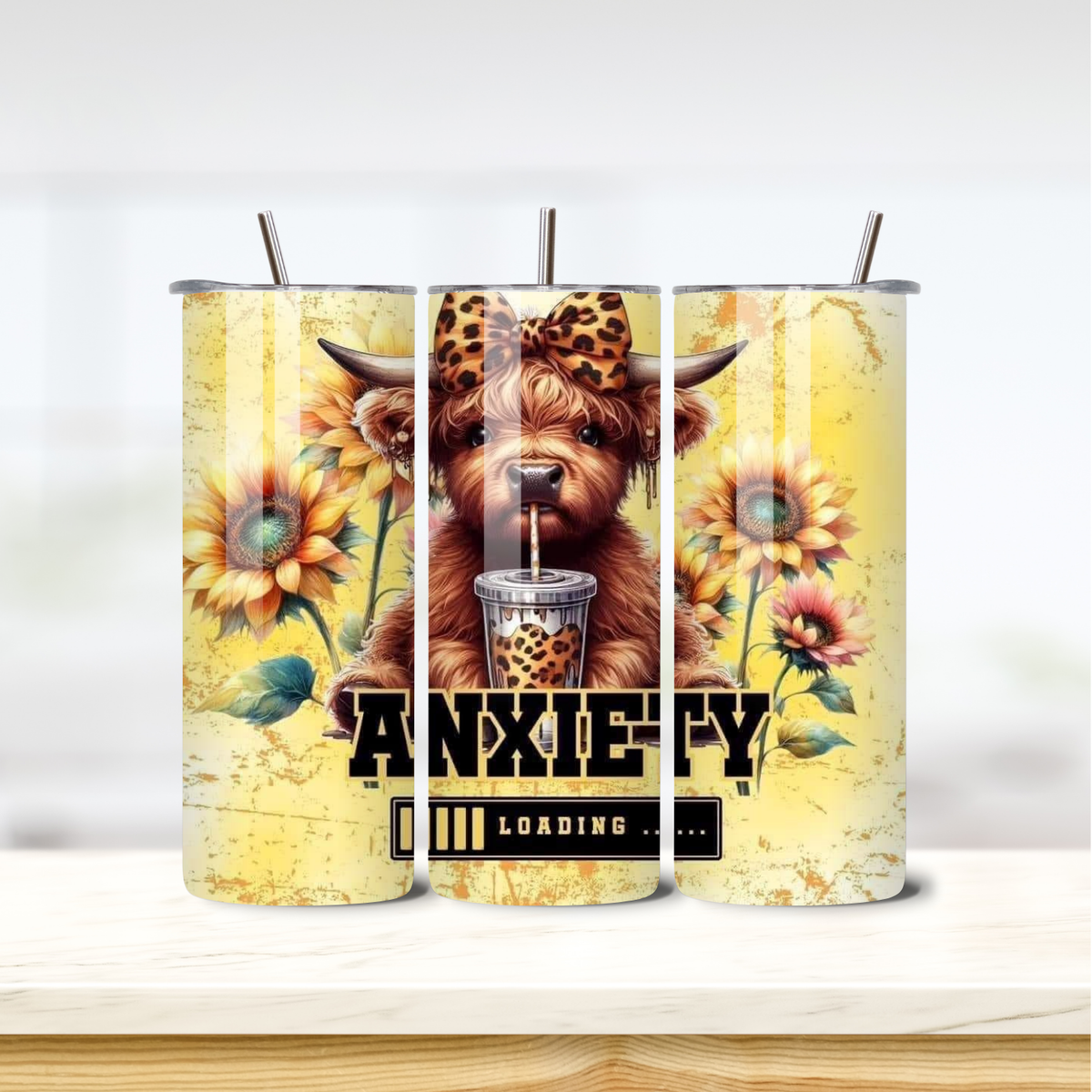 Anxiety Sunflower Cow 20oz skinny insulated tumbler
