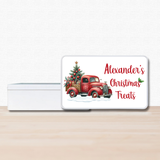 Personalised Christmas Treat Tin with Vintage Red Truck