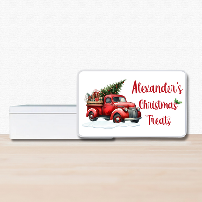 Personalised Christmas Treat Tin with Vintage Red Truck