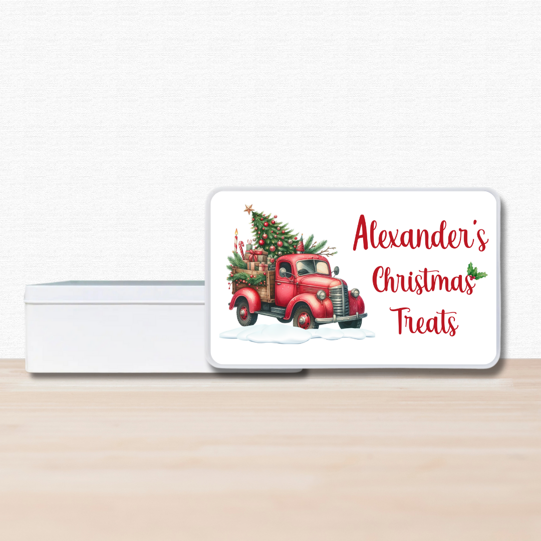 Personalised Christmas Treat Tin with Vintage Red Truck