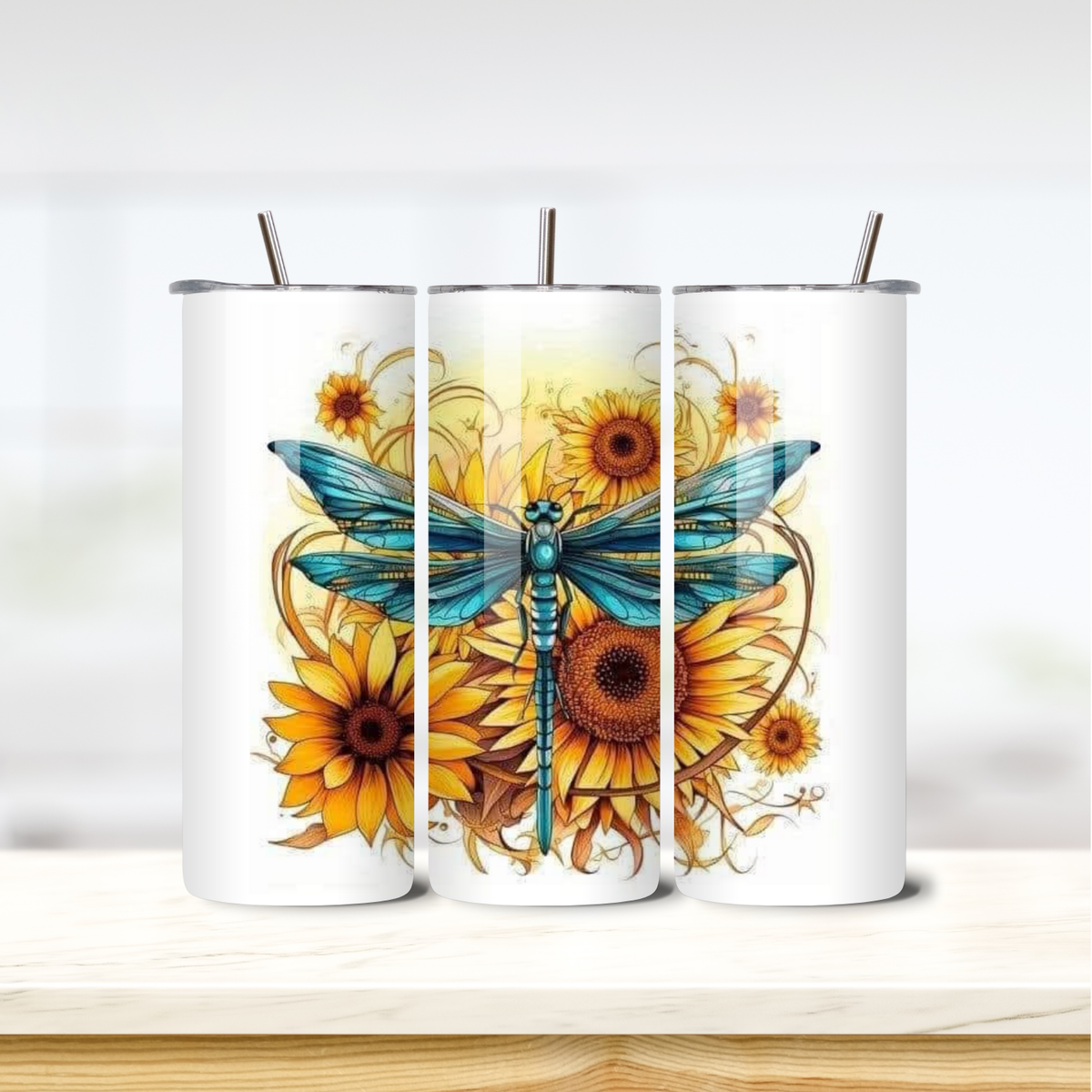 Dragonfly with Sunflowers 20oz skinny insulated tumbler