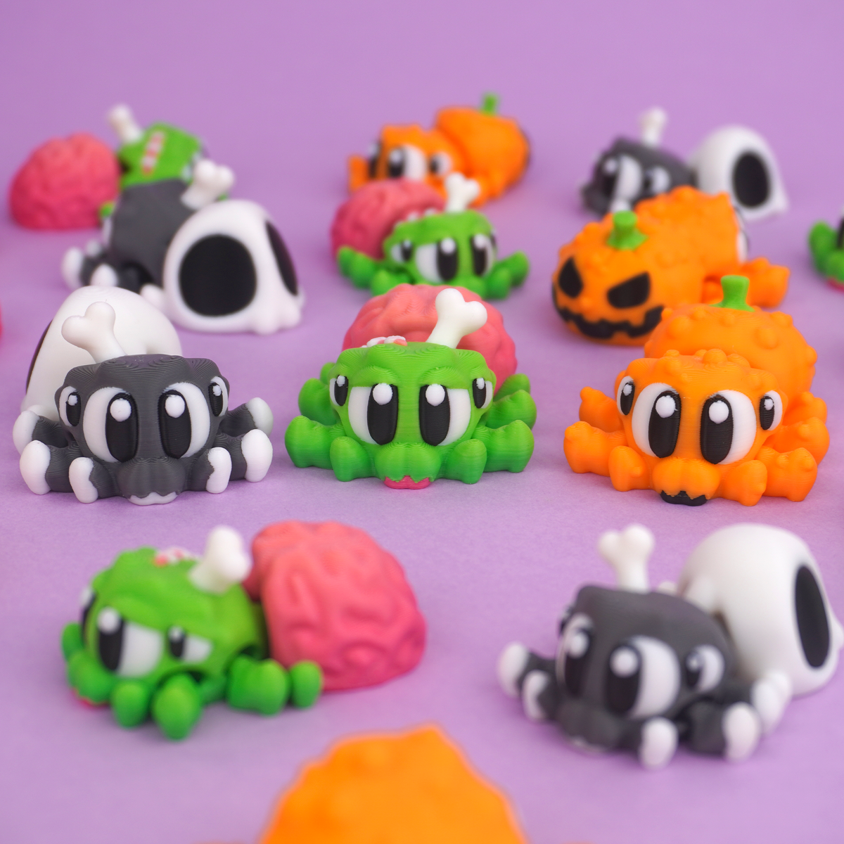 Halloween Spider Pocket Pals, three 3D printed flexi spider designs
