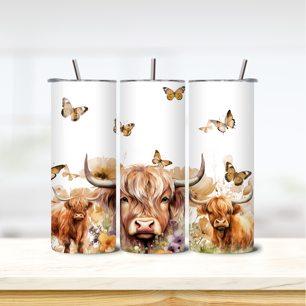 Highland Cows with Butterflies 20oz skinny insulated tumbler