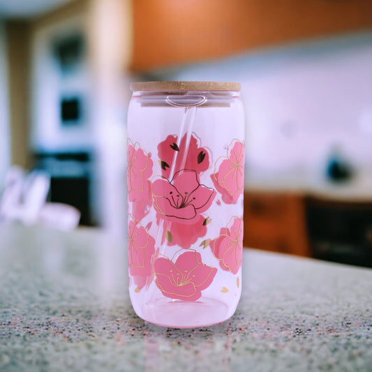 Cherry Blossoms Glass Tumbler with Straw