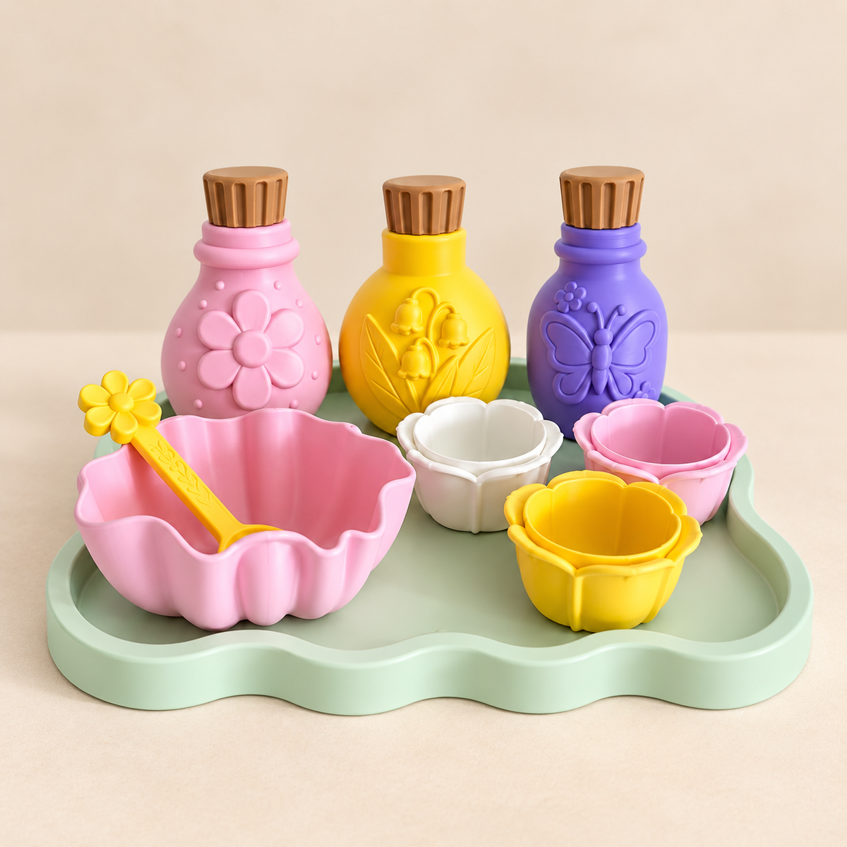 Fairy Garden Potion Set - floral kids potion play kit with daisy, lily and butterfly bottles, flower bowl and cups