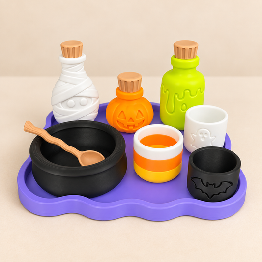 Spooky Potion Set - Halloween themed kids potion play kit with mummy, pumpkin and slime bottles, cauldron bowl and spooky cups