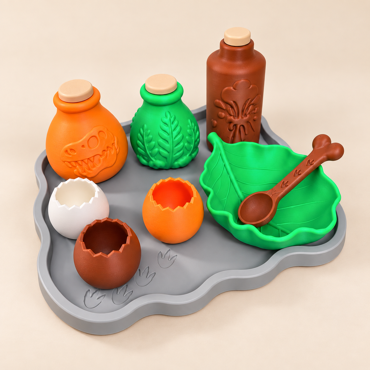 Dino Discovery Potion Set - dinosaur themed kids potion play kit with T-Rex bottle, fern bottle, leaf bowl, bone spoon and egg cups