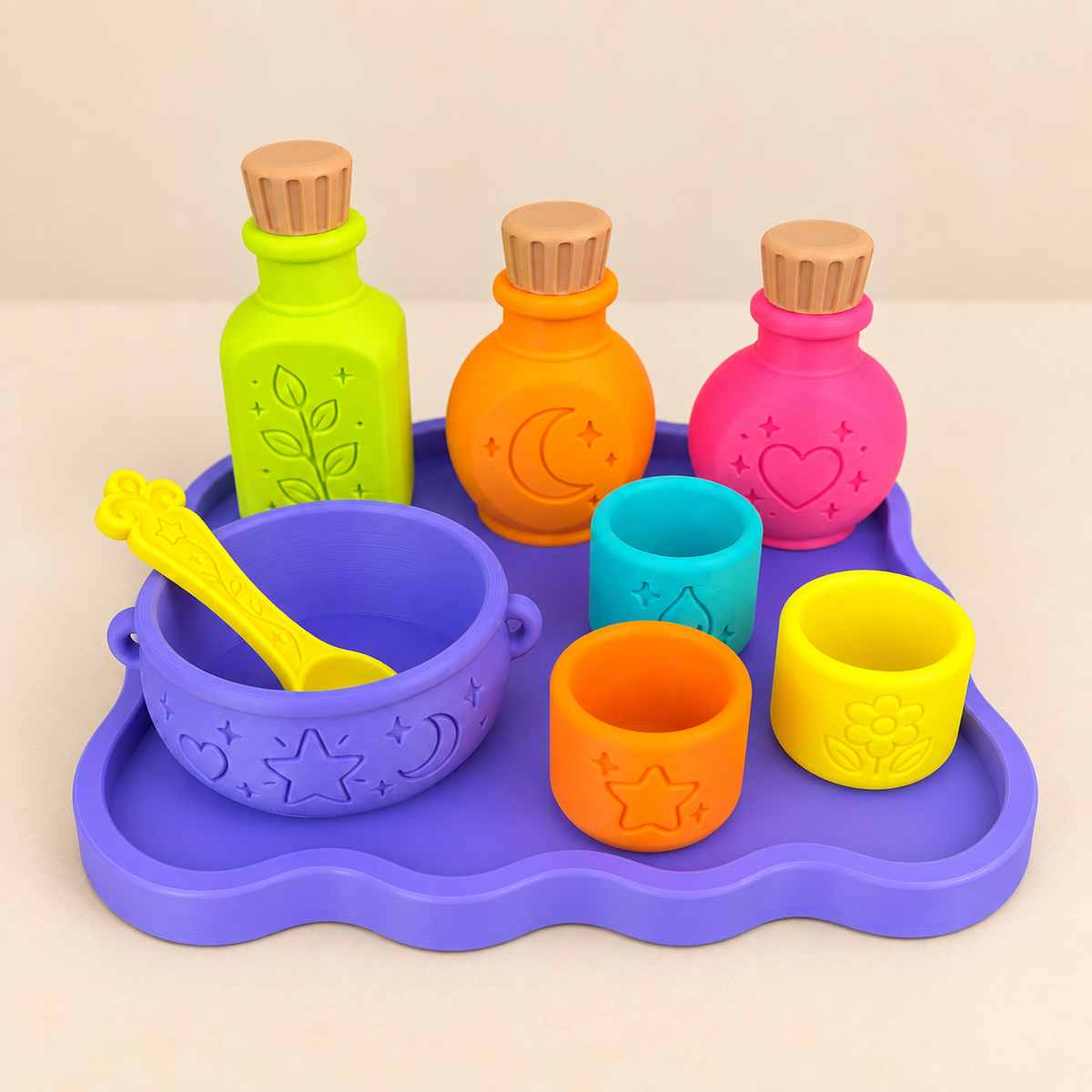 Whimsical Potion Set in bright Wonderland colours - kids pretend play potion kit with bottles, cauldron bowl, spoon, cups and tray