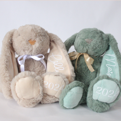 Personalised plush Easter bunny with custom name and year on ears and feet - soft keepsake Easter gift for kids.