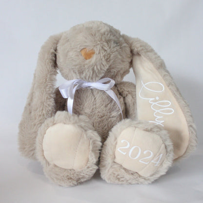 Custom personalised plush bunny with name and year - soft keepsake gift.