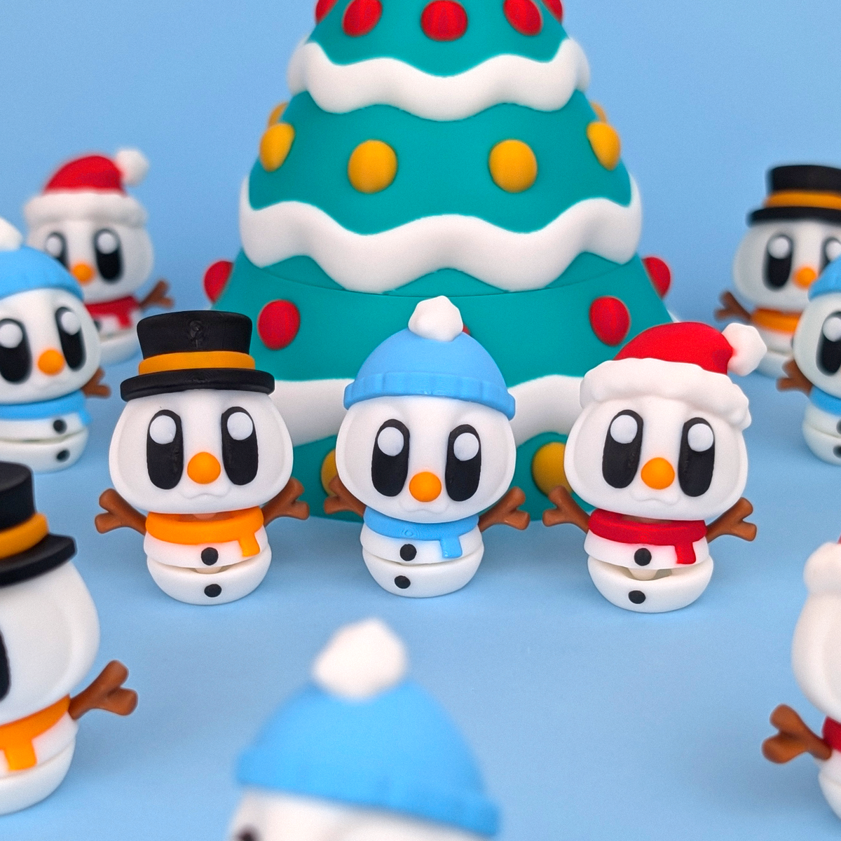 Snowman Pocket Pals, three 3D printed flexi snowman designs