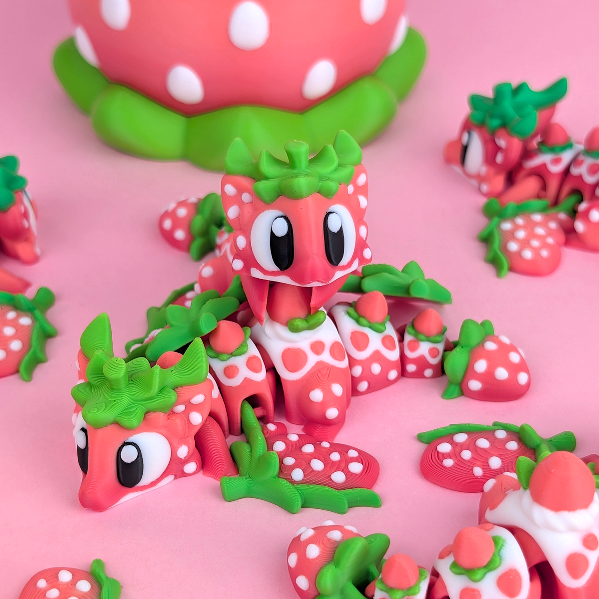 Strawberry Dragon with matching egg - 3D printed articulated dragon in red and green with berry detailing