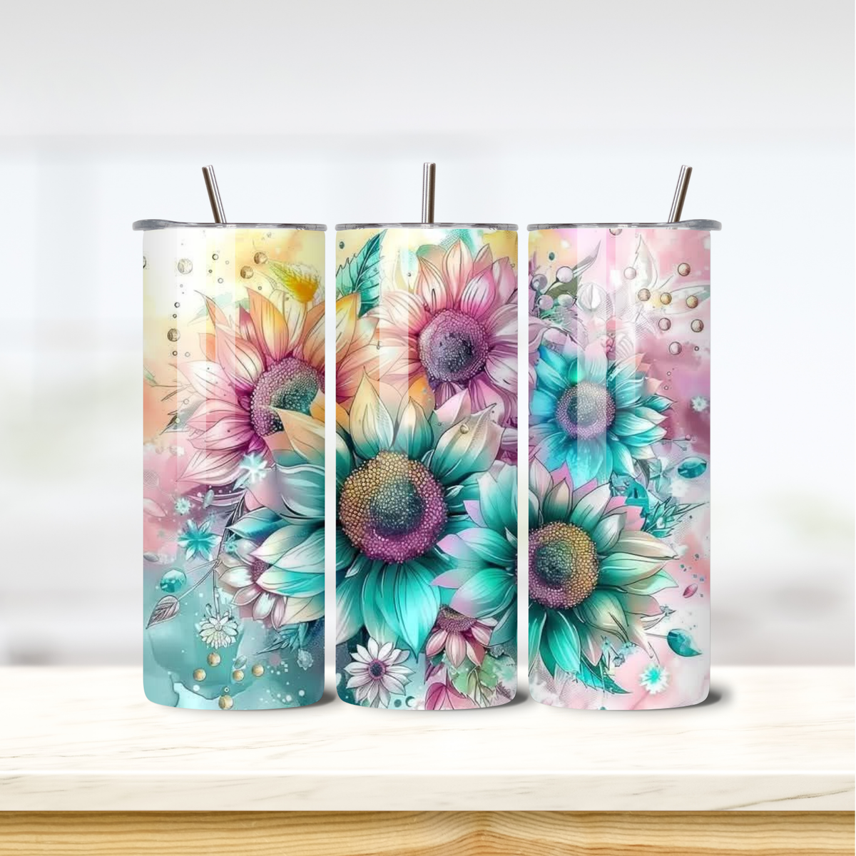 Watercolour Sunflowers 20oz skinny insulated tumbler